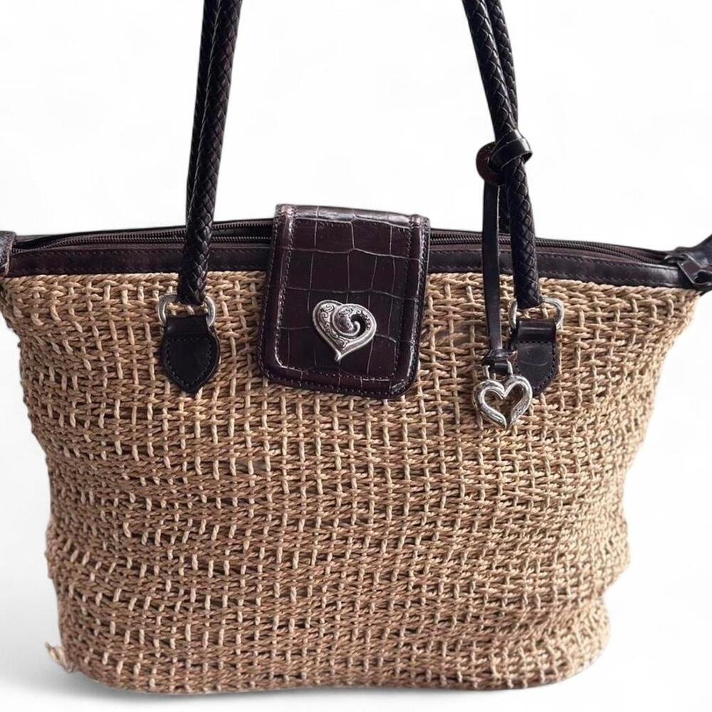🍓BRIGHTON Vintage Tan Straw Brown Leather Accent Purse🍓